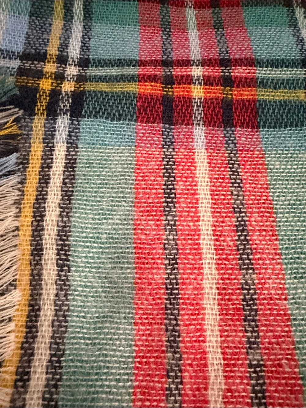 aerie Plaid Tote with Teal, Red and Cream Fringe Scarf